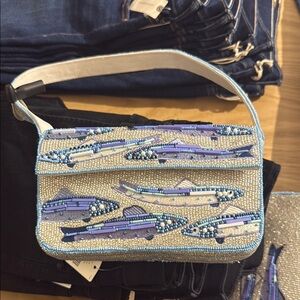 Blue and Silver Beaded Fish Design Women's Bag